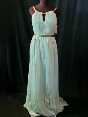New Sz 12 Light Mint Goddess Halter Dress with Gold Trim
